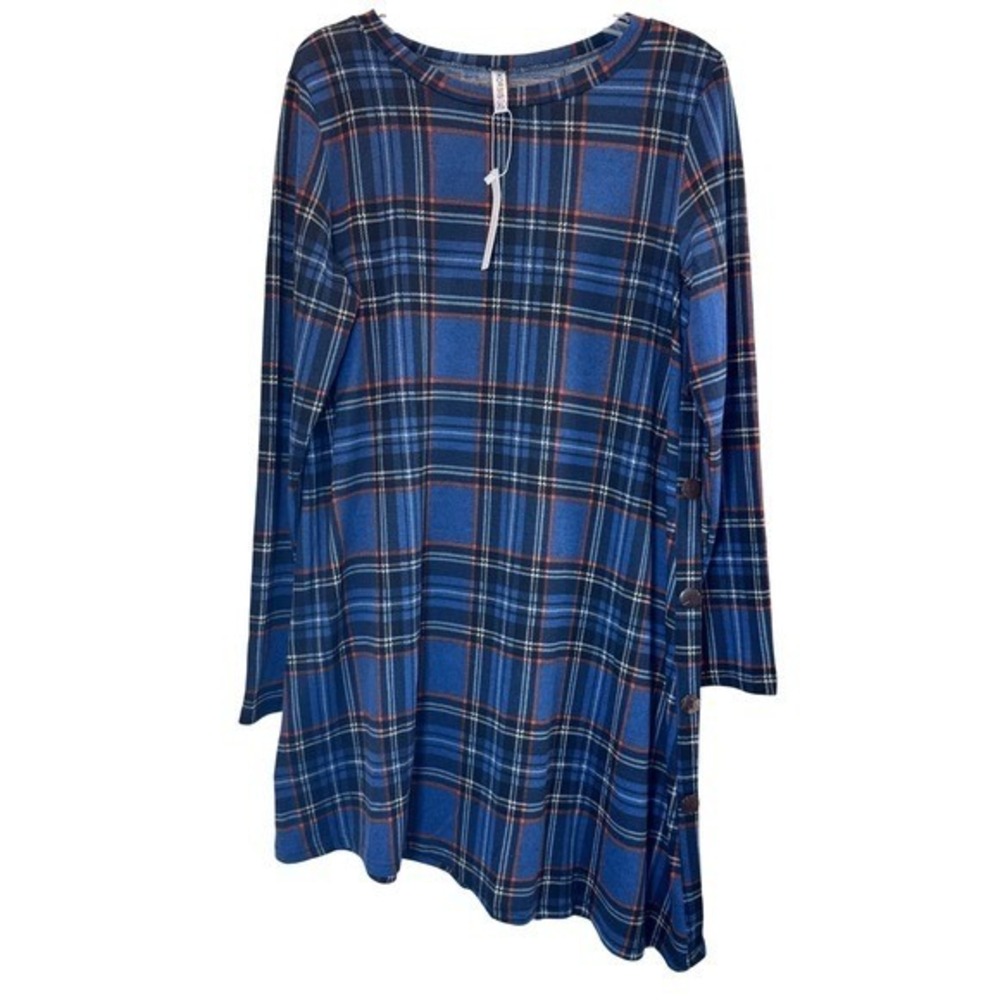 New Korsis XL Plaid Long Sleeve Dress Asymmetrical Blue Casual Party Preppy Chic
